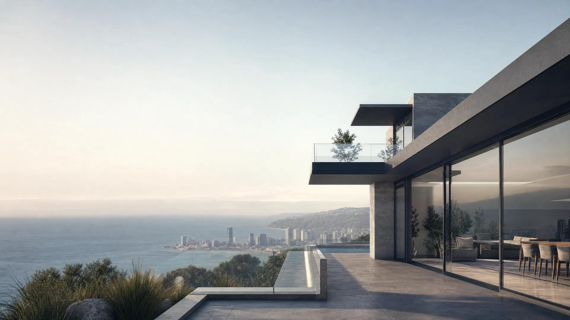 Residencia moderna con amplios ventanales y terraza